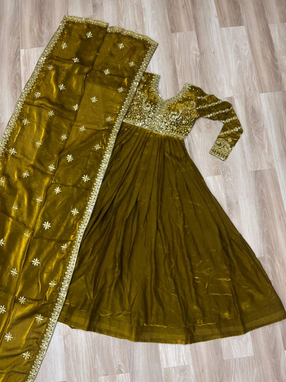 Function Wear Sequins Embroidered Work Mehendi Color Anarkali Suit