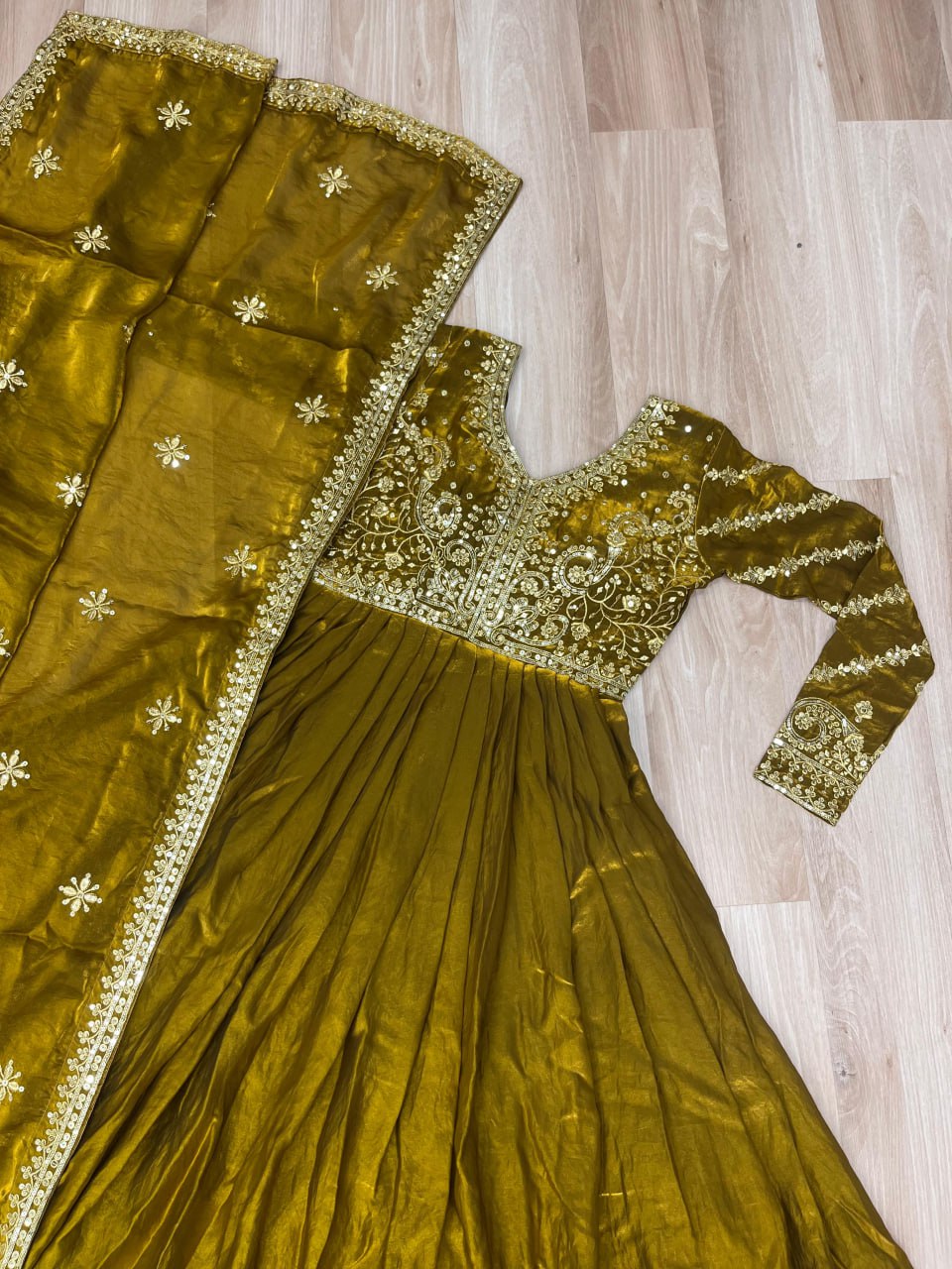 Function Wear Sequins Embroidered Work Mehendi Color Anarkali Suit