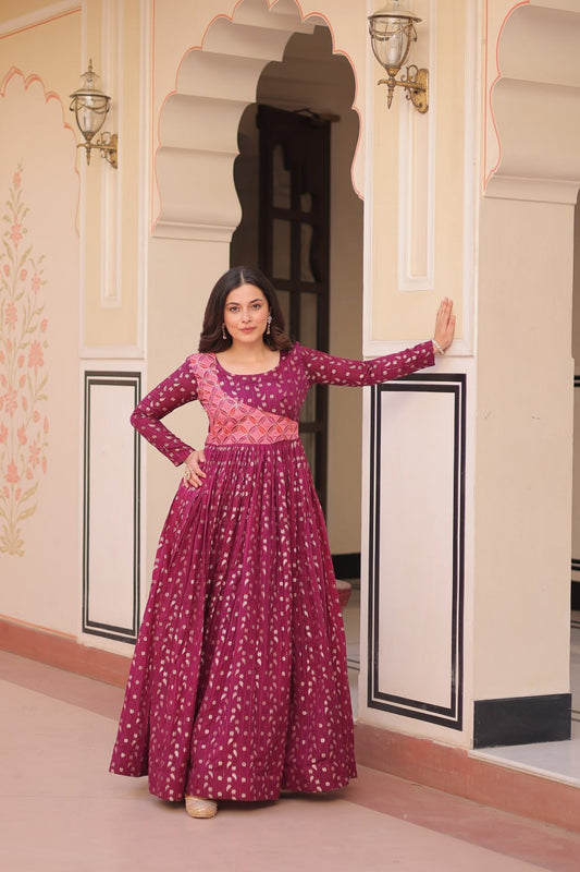 Function Wear Printed Wine Color Flair Gown