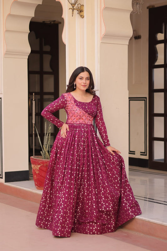 Function Wear Printed Wine Color Flair Gown