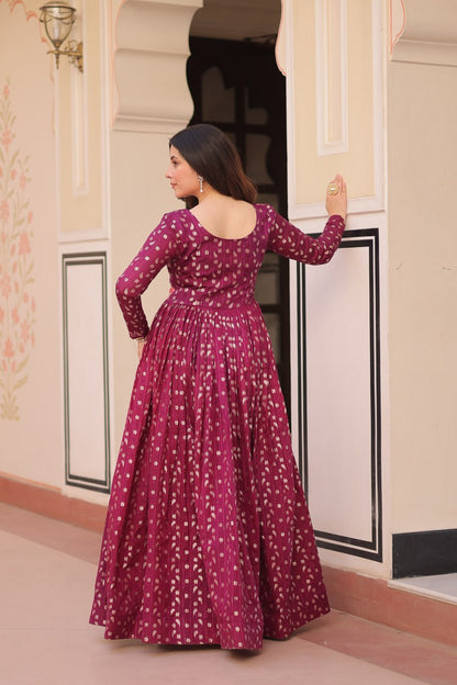 Function Wear Printed Wine Color Flair Gown