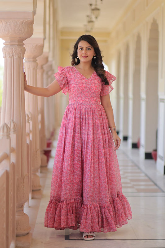 Glimmering Ruffle Flare Printed Pink Color Long Gown