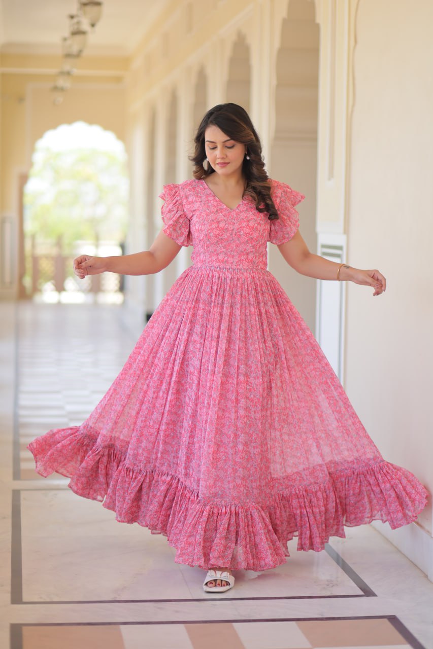 Glimmering Ruffle Flare Printed Pink Color Long Gown