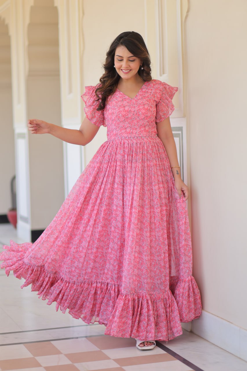 Glimmering Ruffle Flare Printed Pink Color Long Gown