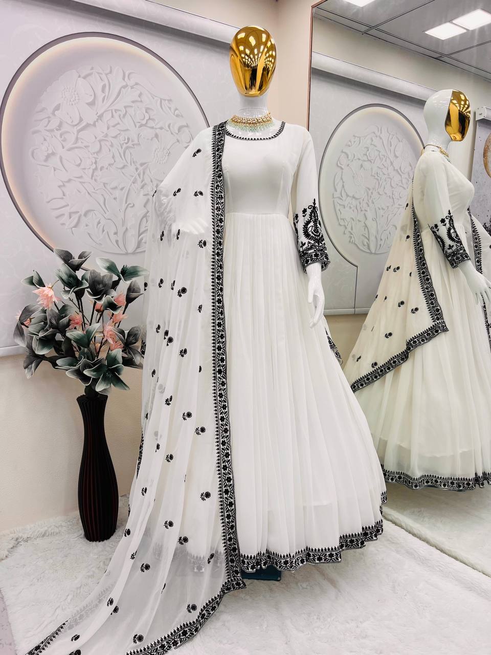 Preferable Embroidery Work White Color Anarkali Gown
