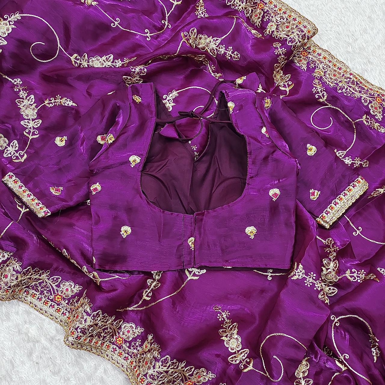 Marriage Special Embroidery Work Purple Color Saree
