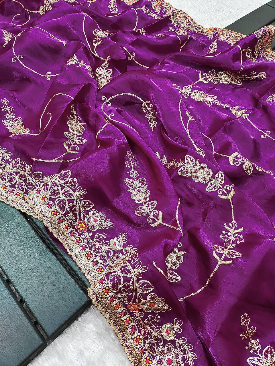 Marriage Special Embroidery Work Purple Color Saree