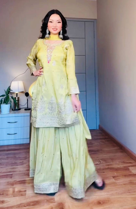 Awesome Sequence Work Green Color Palazzo Suit