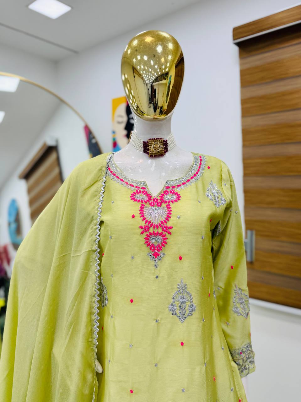 Awesome Sequence Work Green Color Palazzo Suit