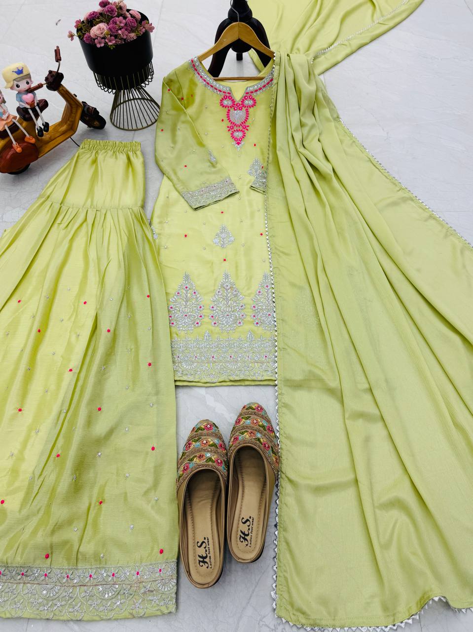 Awesome Sequence Work Green Color Palazzo Suit
