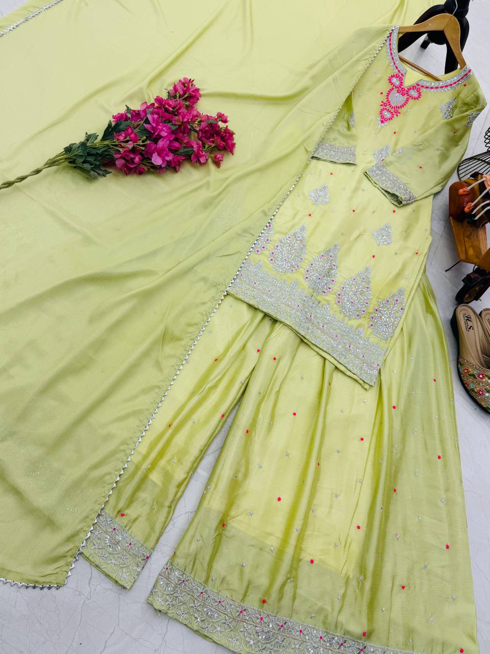 Awesome Sequence Work Green Color Palazzo Suit