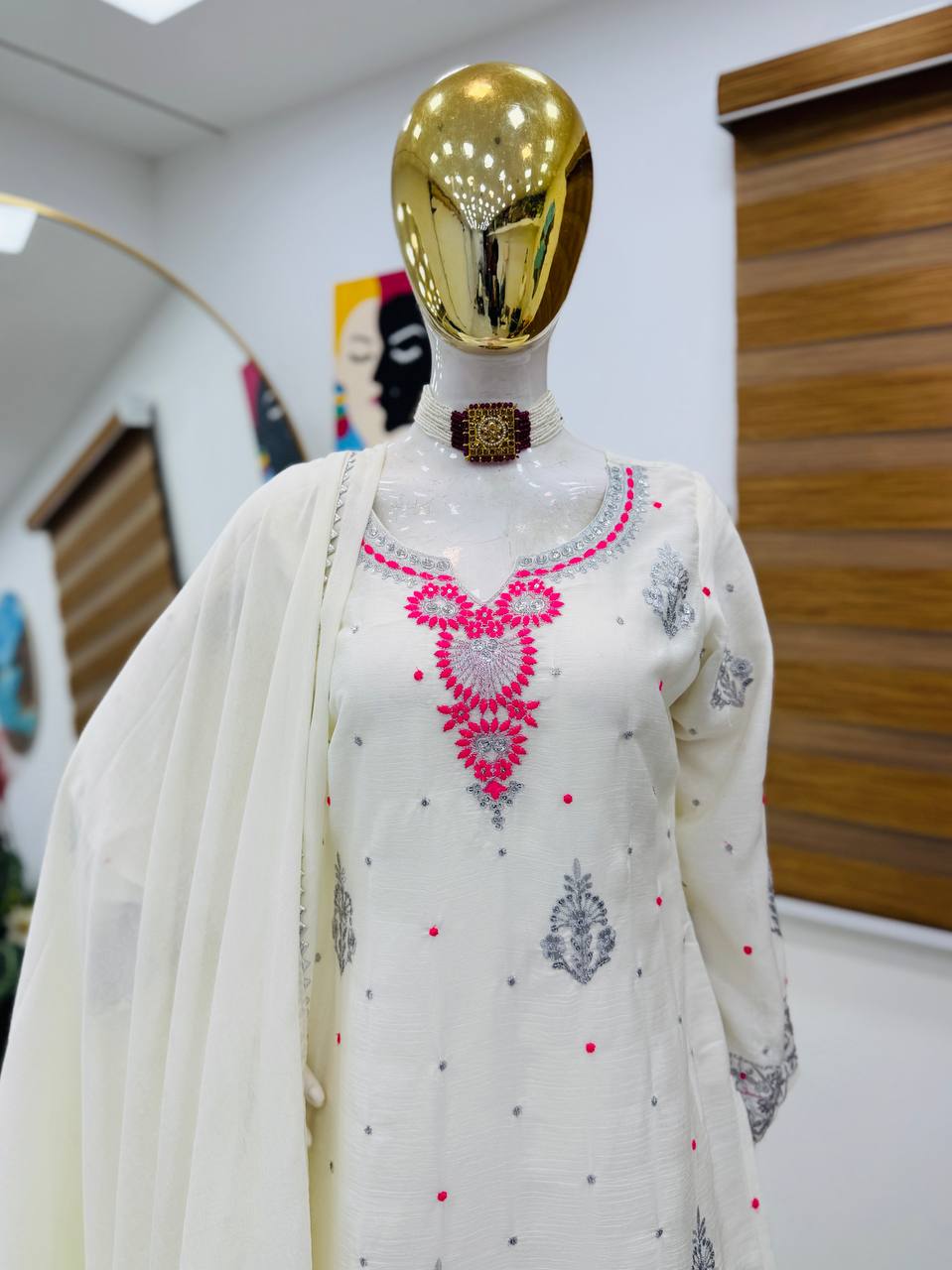Awesome Sequence Work White Color Palazzo Suit