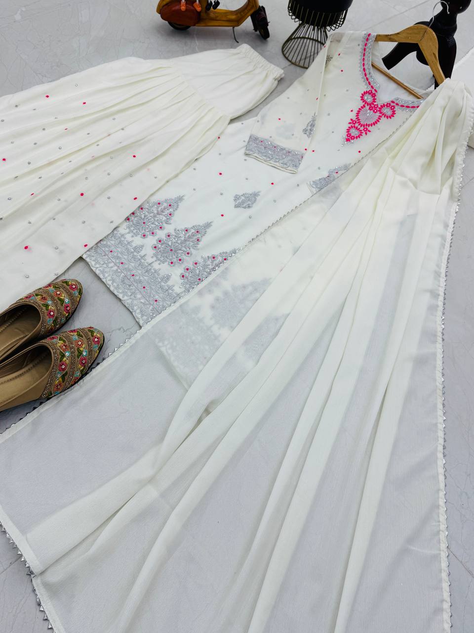 Awesome Sequence Work White Color Palazzo Suit
