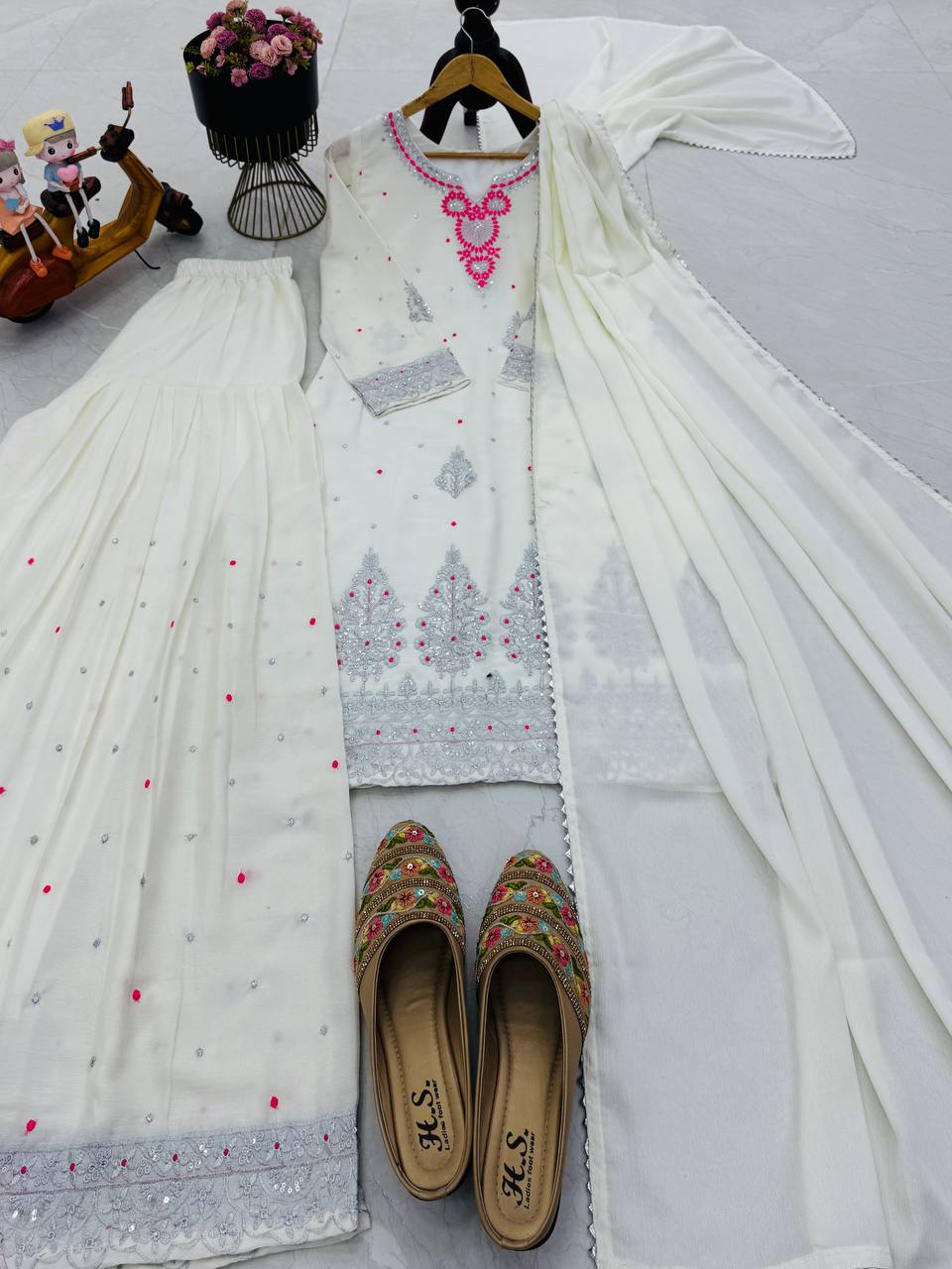 Awesome Sequence Work White Color Palazzo Suit