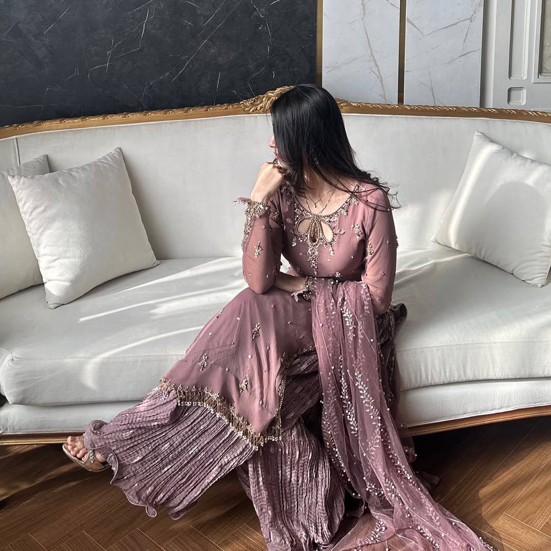 Elegant Heavy Work Peach Color Palazzo Suit