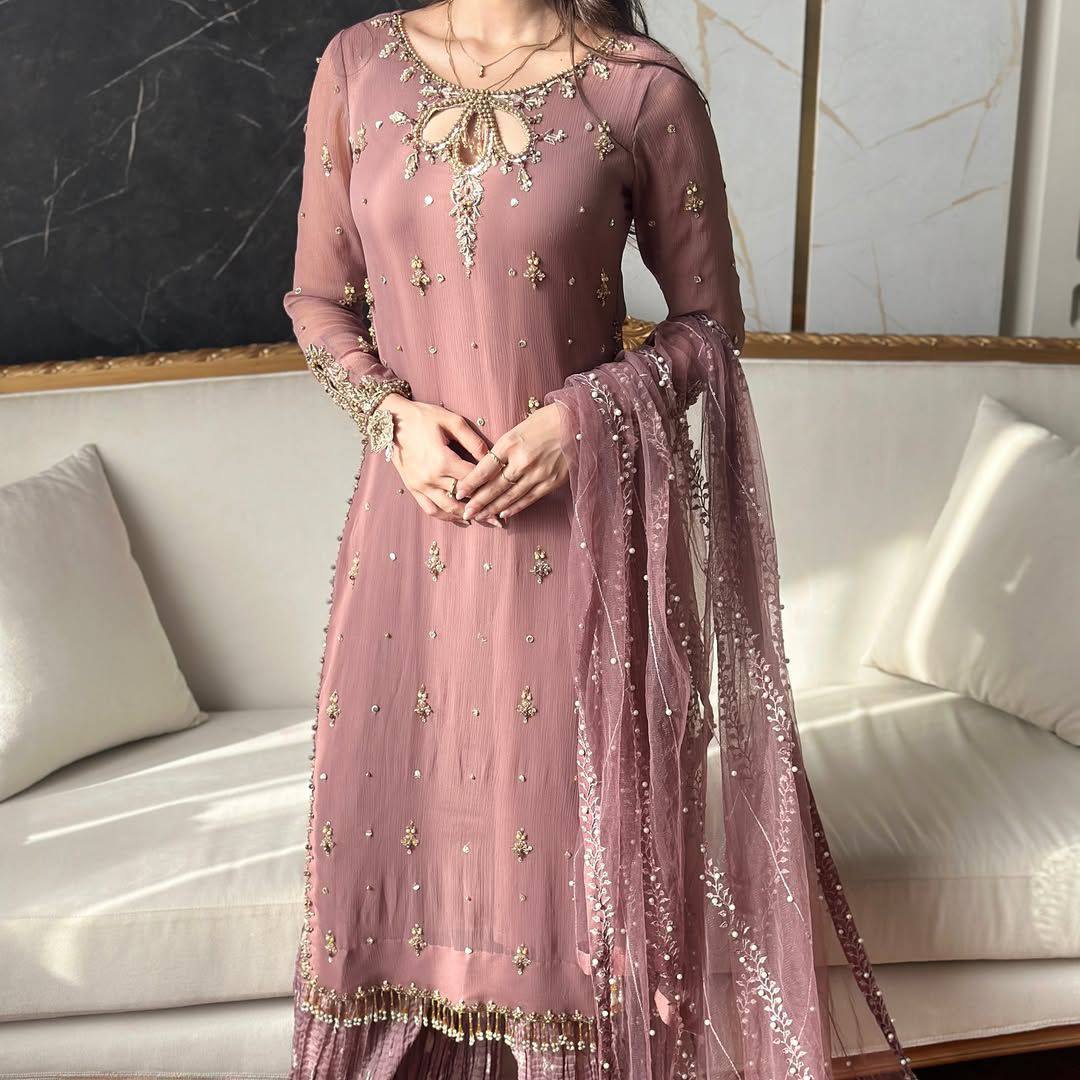 Elegant Heavy Work Peach Color Palazzo Suit