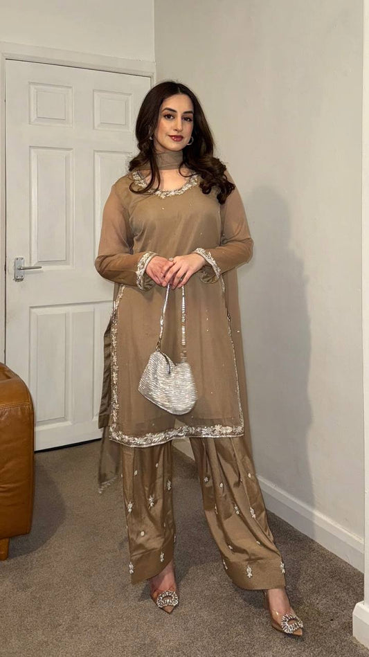 Stunning Embroidery Work Chiku Color Salwar Suit