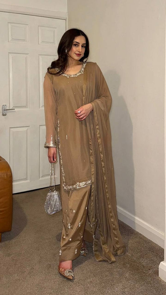 Stunning Embroidery Work Chiku Color Salwar Suit