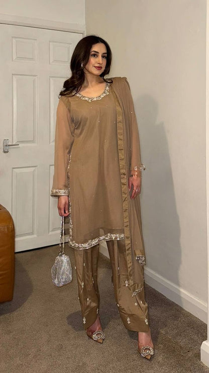 Stunning Embroidery Work Chiku Color Salwar Suit