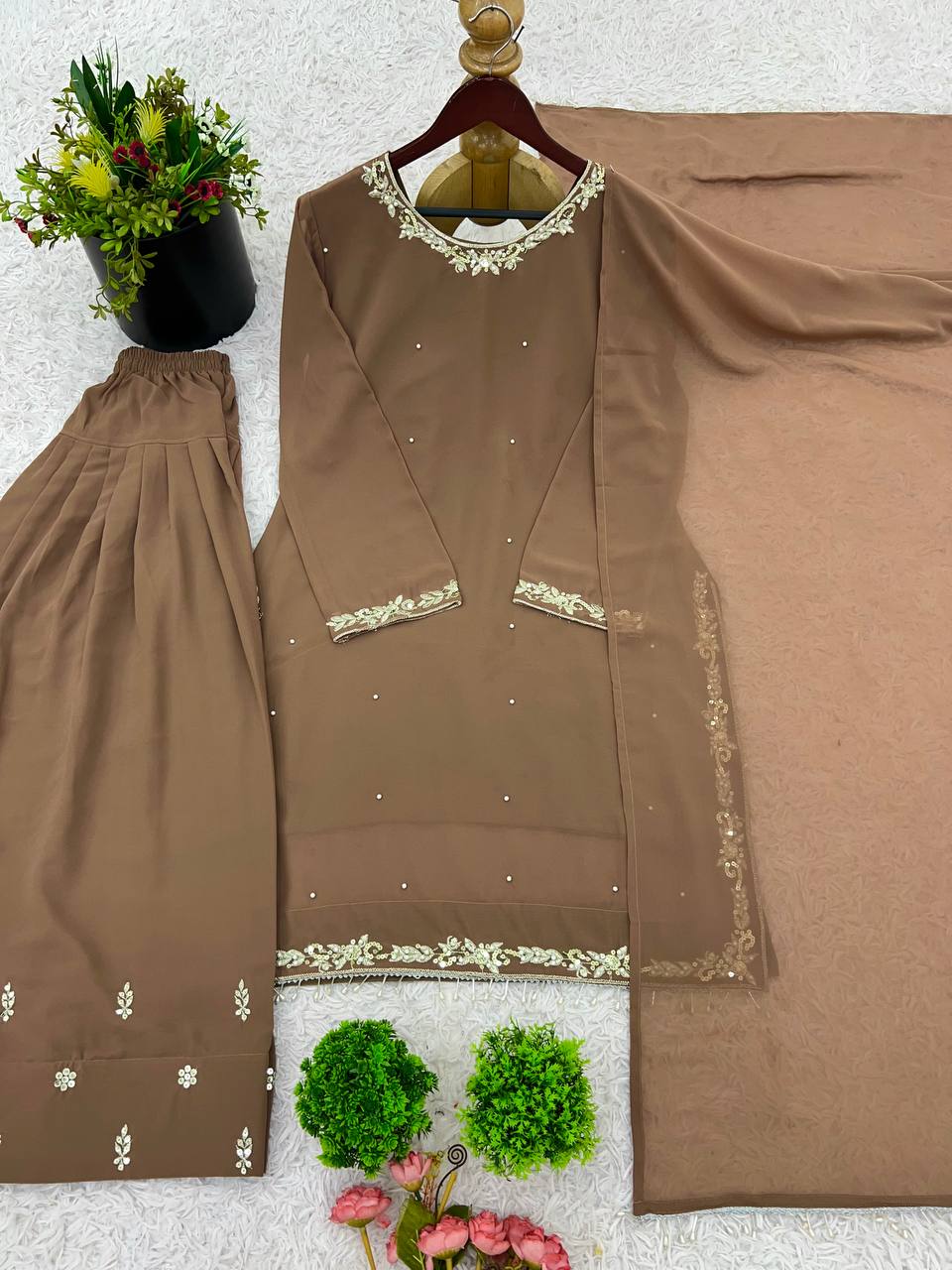 Stunning Embroidery Work Chiku Color Salwar Suit