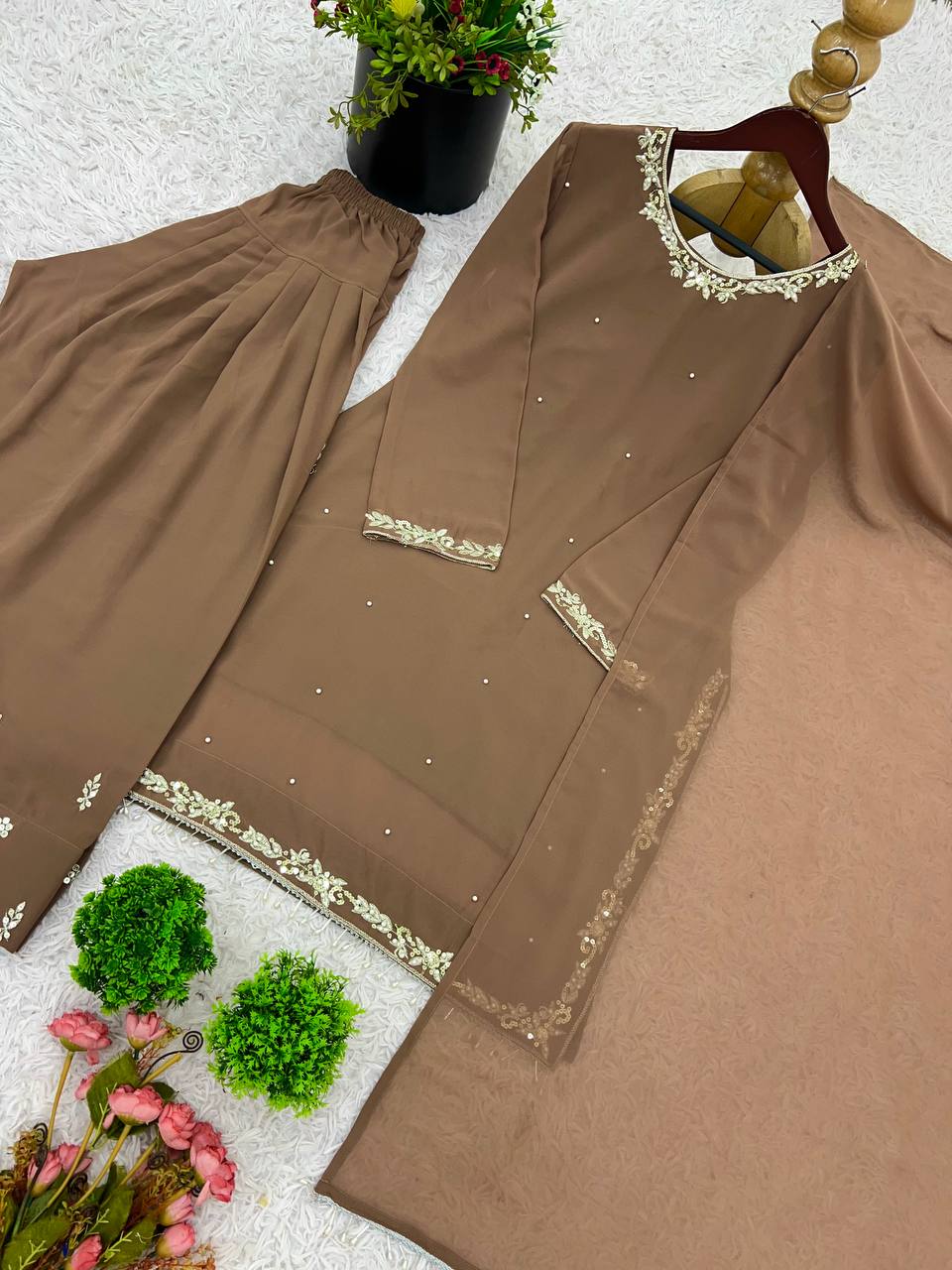 Stunning Embroidery Work Chiku Color Salwar Suit