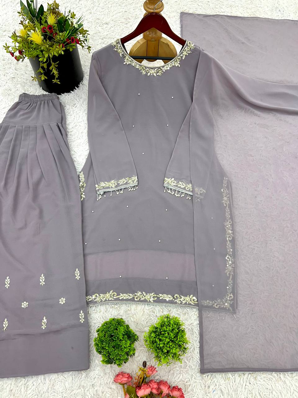 Stunning Embroidery Work Grey Color Salwar Suit