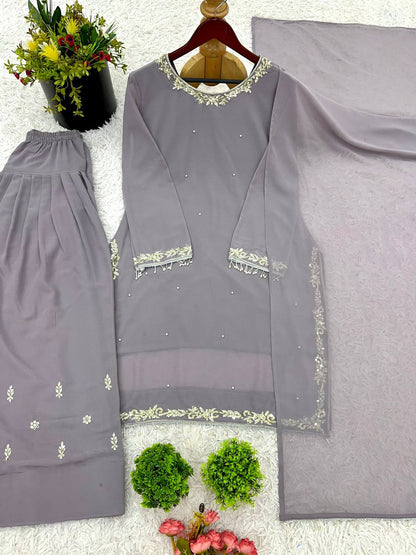 Stunning Embroidery Work Grey Color Salwar Suit