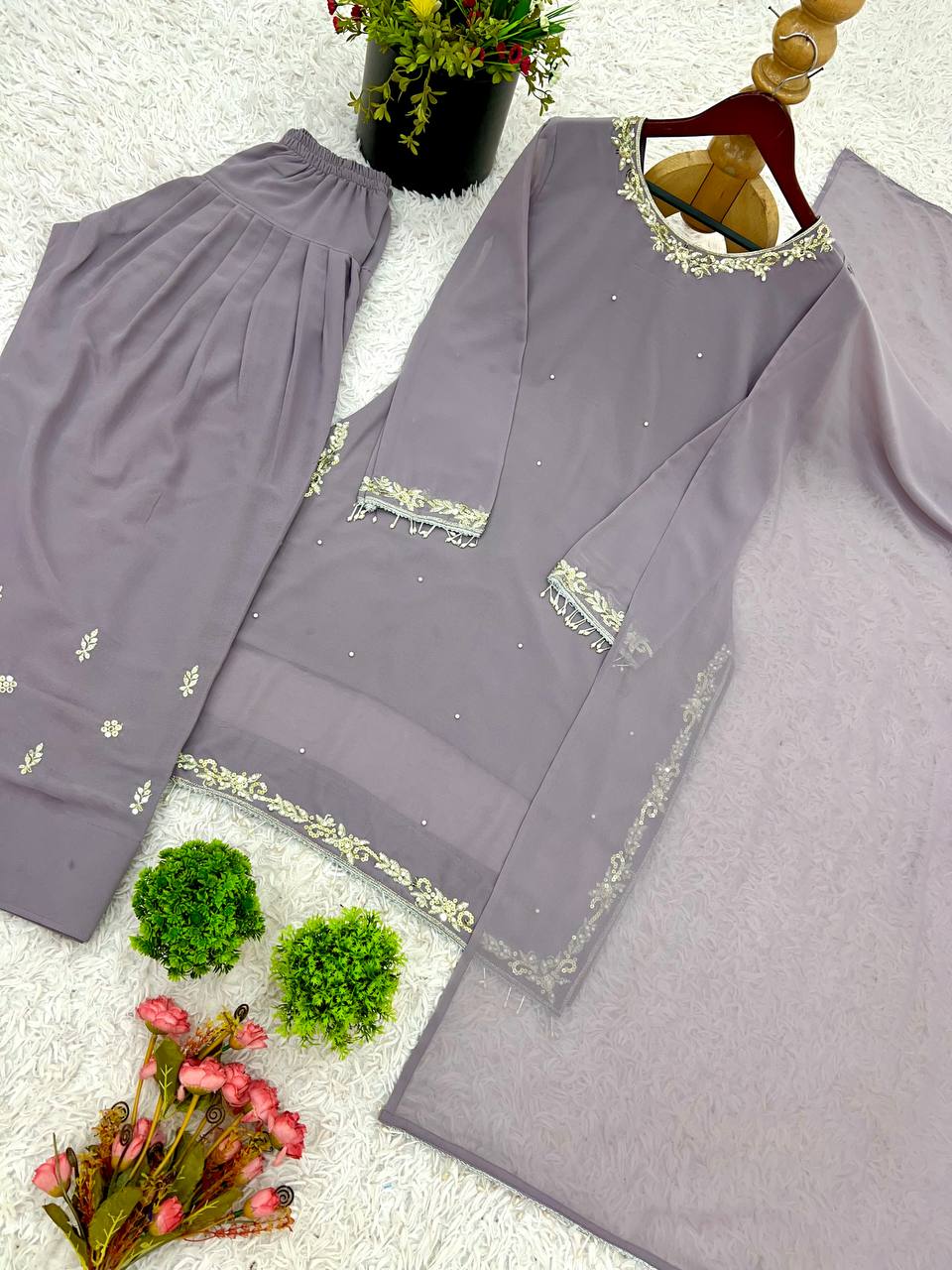 Stunning Embroidery Work Grey Color Salwar Suit