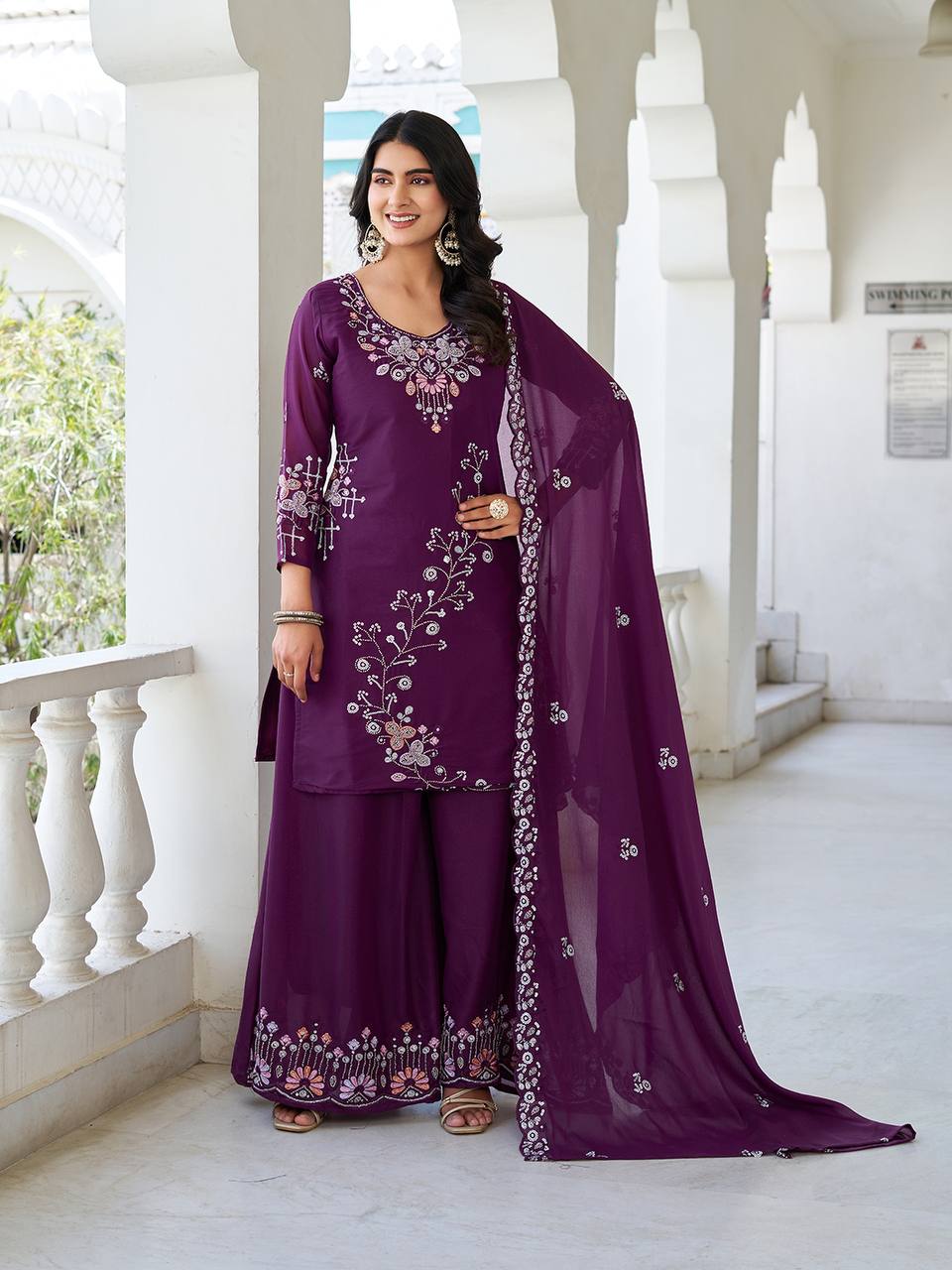 Designer Heavy Work Wine Color Palazzo Suit