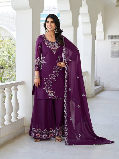 Designer Heavy Work Wine Color Palazzo Suit