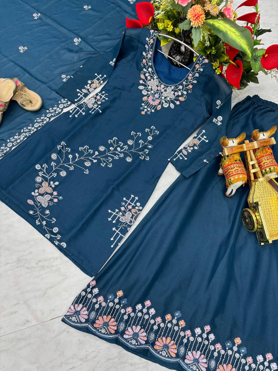Designer Heavy Work Blue Color Palazzo Suit
