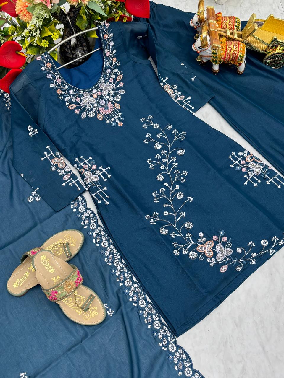 Designer Heavy Work Blue Color Palazzo Suit