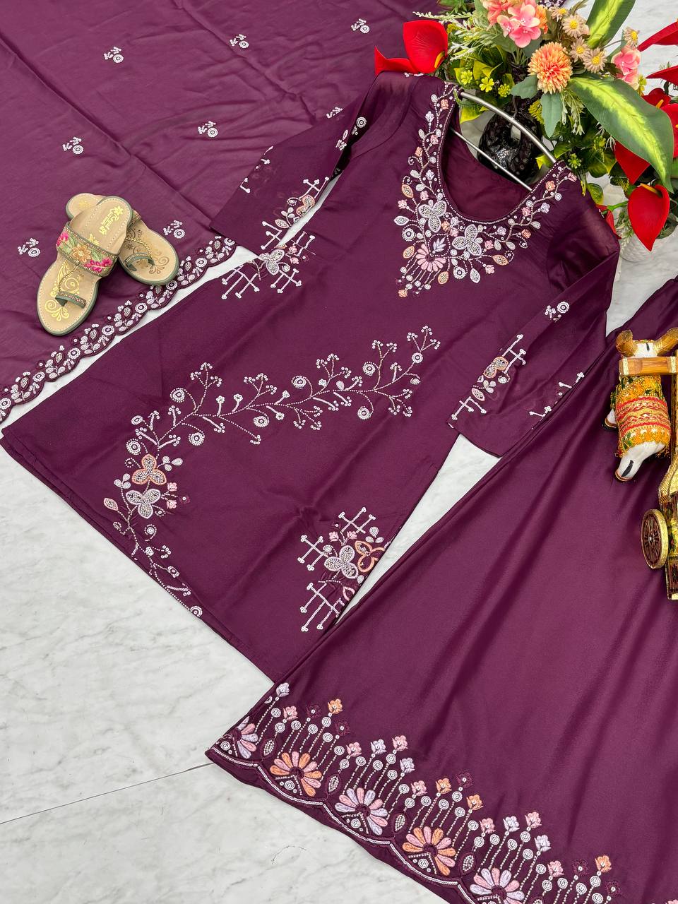Designer Heavy Work Wine Color Palazzo Suit