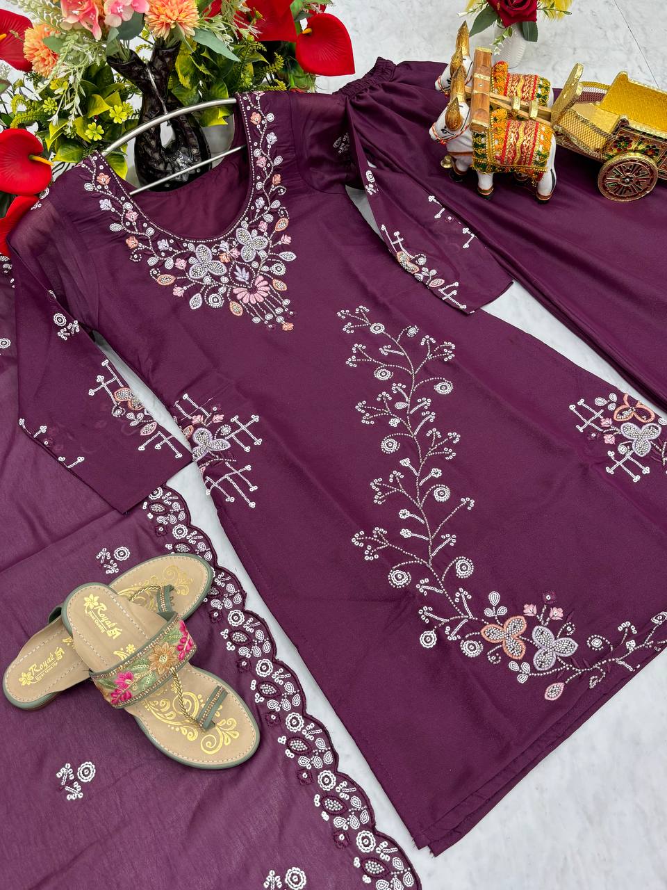 Designer Heavy Work Wine Color Palazzo Suit