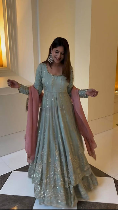Good Looking Heavy Work Rama Color Top With Lehenga