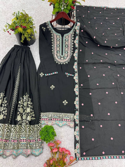 Wonderful Embroidery Work Black Color Sharara Suit