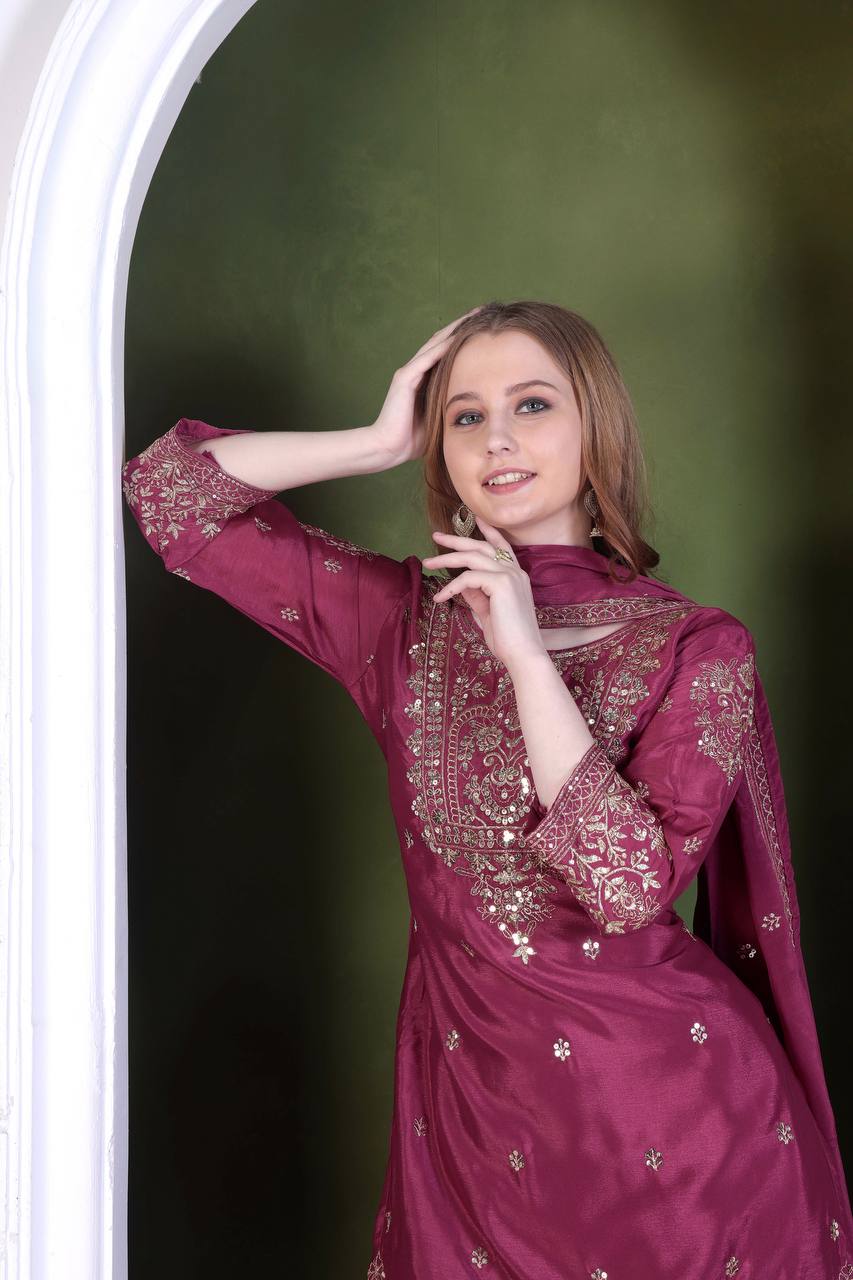 Attractive Heavy Work Wine Color Sharara Suit