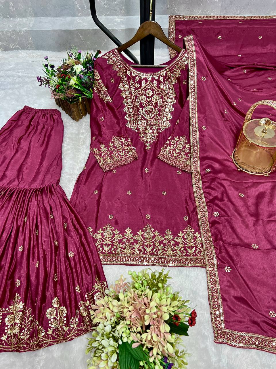 Attractive Heavy Work Wine Color Sharara Suit