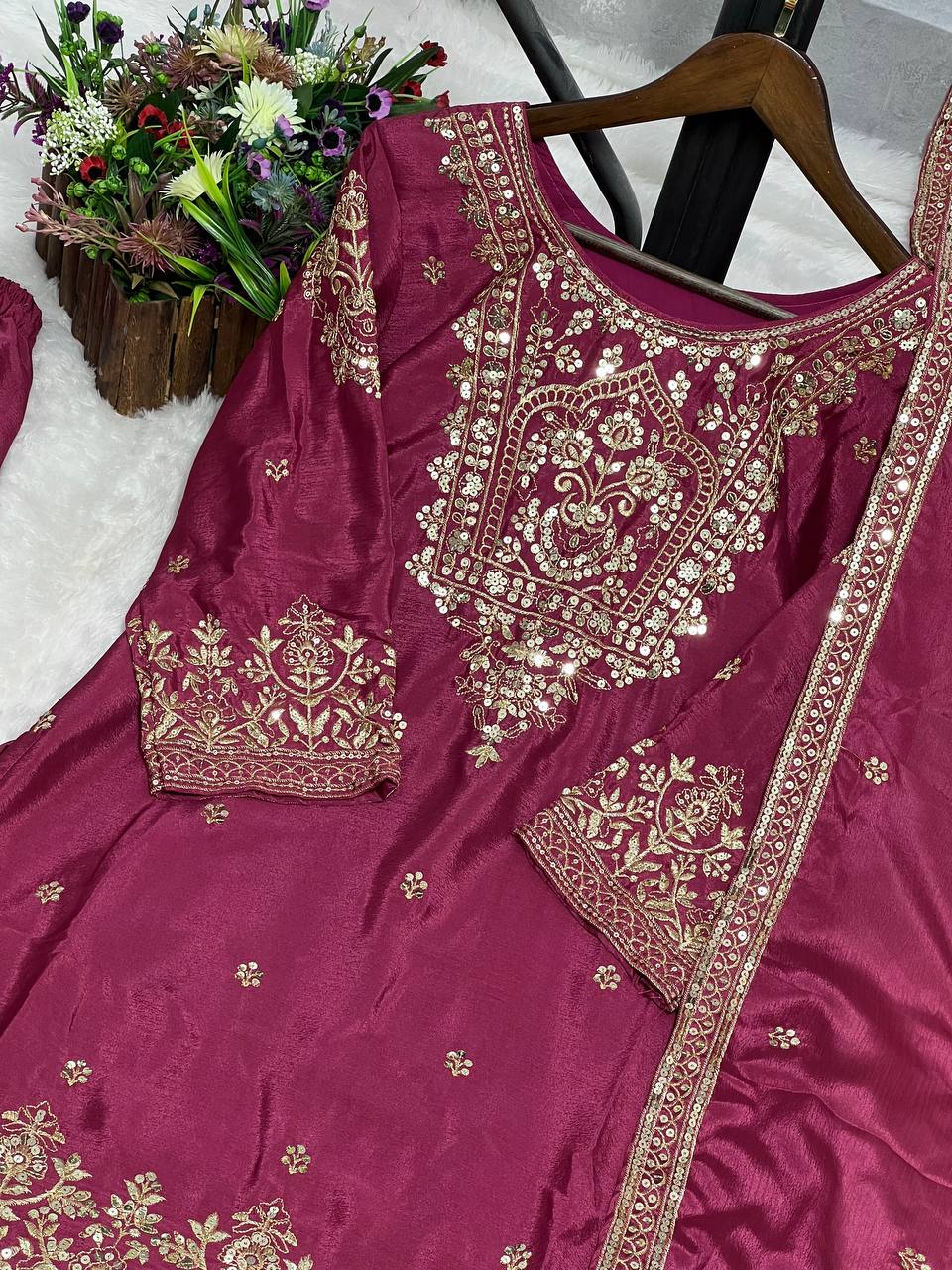 Attractive Heavy Work Wine Color Sharara Suit