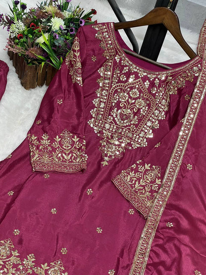 Attractive Heavy Work Wine Color Sharara Suit