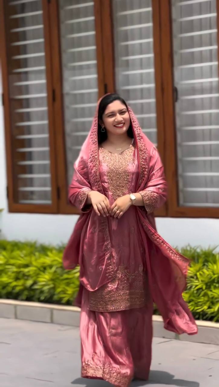 Fabulous  Sequence Work Pink Color Palazzo Suit