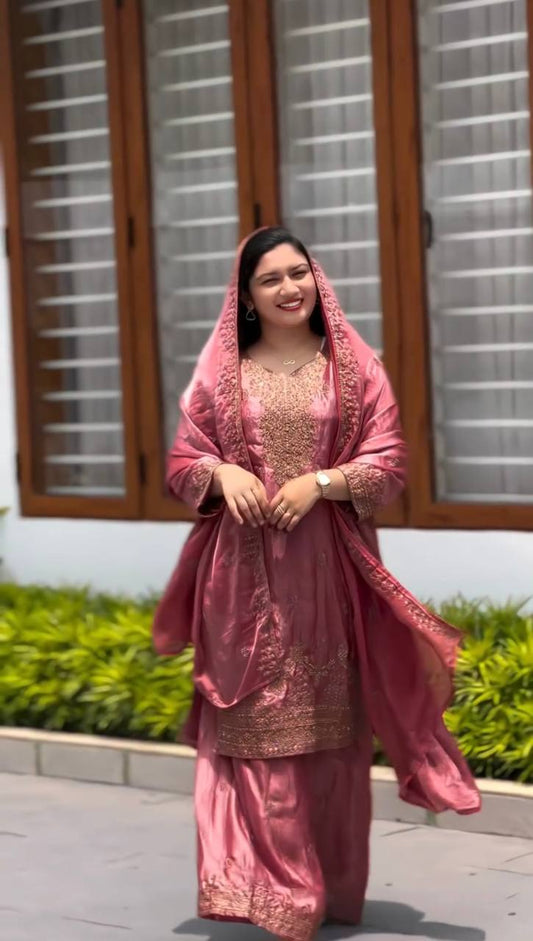 Fabulous  Sequence Work Pink Color Palazzo Suit