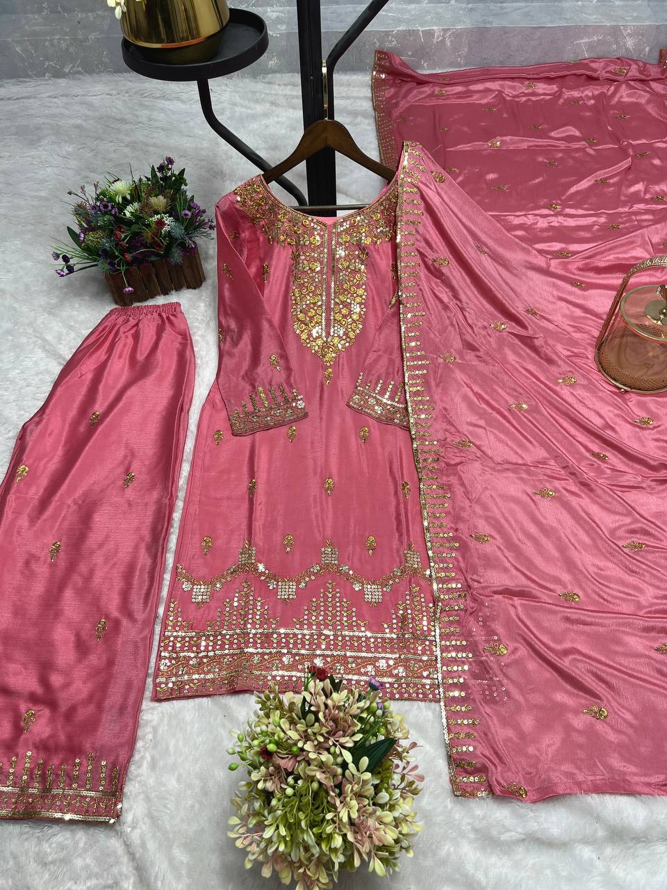 Fabulous  Sequence Work Pink Color Palazzo Suit