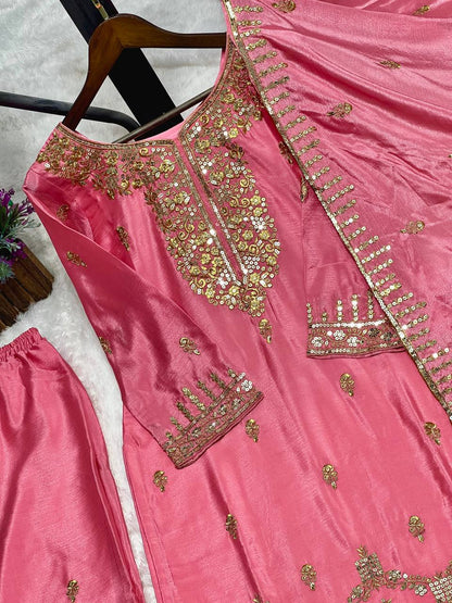 Fabulous  Sequence Work Pink Color Palazzo Suit