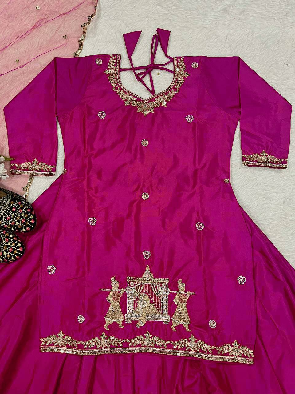 Elegant Embroidery Work Pink Color Top With Lehenga Choli