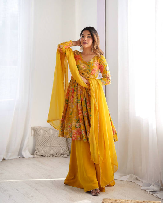 Beautiful Digital Print Yellow Color Palazzo Suit