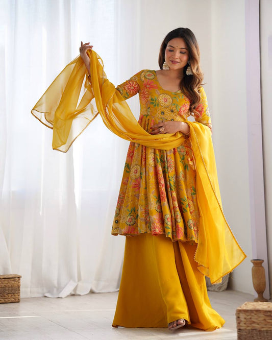 Beautiful Digital Print Yellow Color Palazzo Suit