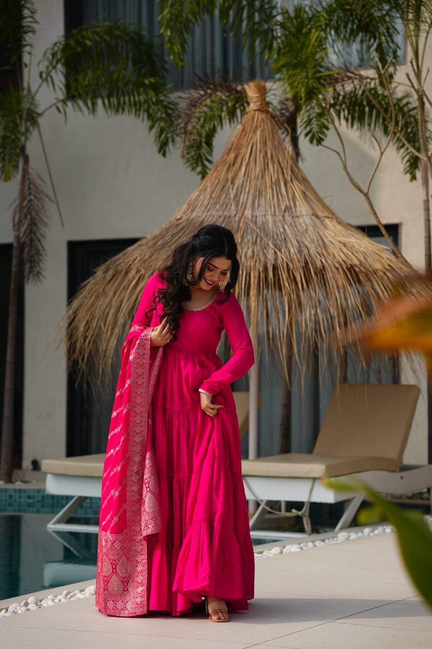 Flattering Roman Silk Pink Color Anarkali Gown