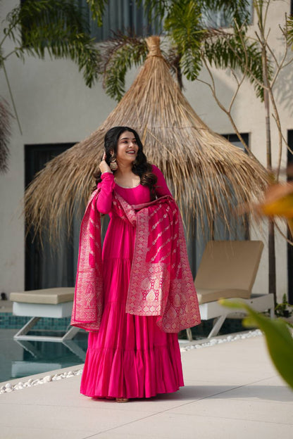 Flattering Roman Silk Pink Color Anarkali Gown