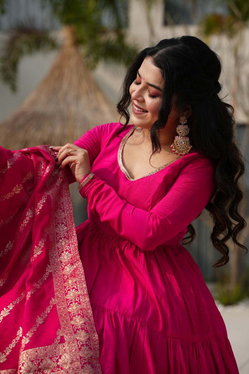 Flattering Roman Silk Pink Color Anarkali Gown
